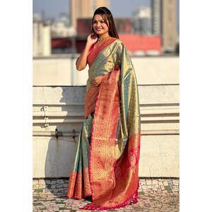 Sari en tissu pur gris tissé avec des fils zari et des tissages contrastés pour les robes de cocktail - Product Image 6