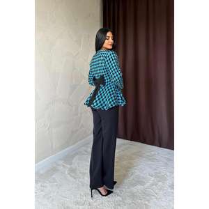 Blazer Azul con Diseño de Pata de Gallo y Lazo en la Espalda, Chaqueta de Mujer Tejida de Manga Larga - Product Image 1