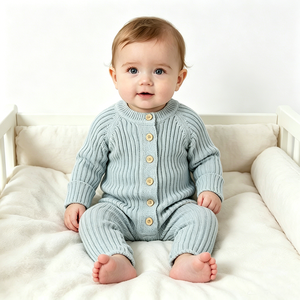 Pinuotu Pagliaccetto Invernale per Neonati a Maglia Grossa a Costine Tutina Blu in Cotone Biologico Certificato GOTS per Bambini Prematuri - Product Image 1