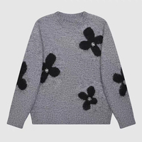 Sweater Rajut Crochet Abu-abu untuk Wanita dengan Logo Depan Bergaya Cina Berbunga Hitam