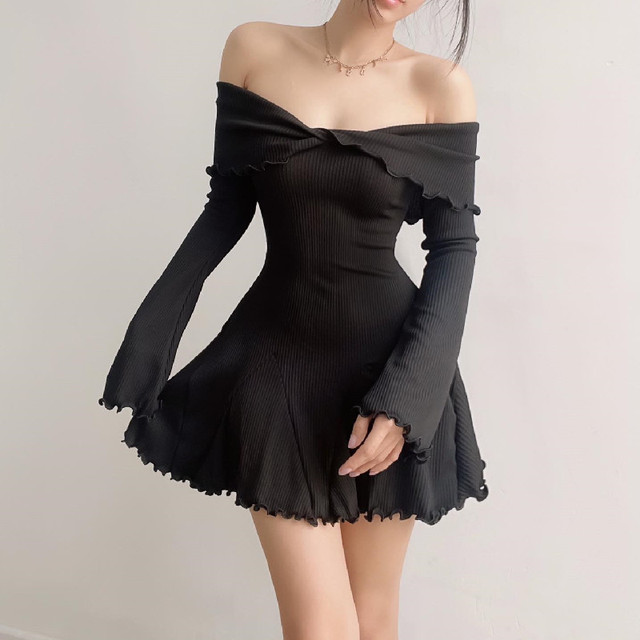 Sexy Low-cut Off Shoulder Dress Elegant Flare Long Sleeve Knot Mini Dresses Fashion Aesthetic Ladies Dress