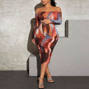 Robe de maternité personnalisée pour femme, sexy, imprimé marbré, manches courtes, épaules dénudées, coupe trapèze, longueur midi, décontractée, respirante, pour club - Product Image 5