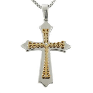 Men's Stainless Steel <b>Cross</b> Pendant Necklace <b>With</b> Gold Inlay And Crystal Detail Geometric Design For Fashion Jewelry - Product Image 1