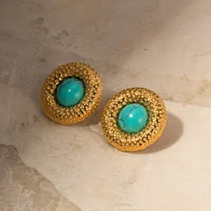 French luxury retro palace style turquoise earrings PVD 18K Gold Stainless Steel Jewelry Earrings for Women New Elegant