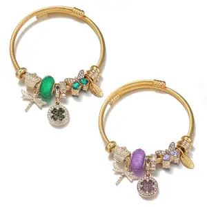 Aktien Verkauf 18 Karat vergoldet Edelstahl Armreif für Lady Cute Dragonfly Charms Armband Mode Perlen Armband