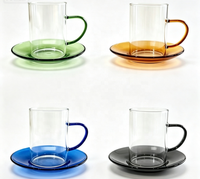Ensemble de tasses à café en verre borosilicate transparent avec poignée colorée, résistantes à la chaleur, et soucoupes transparentes pour la maison et le thé