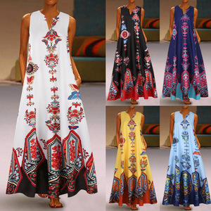 Vestido hasta el suelo con estampado Floral Retro para mujer de alta calidad, cuello en V, sin mangas con bolsillos, patrón Floral informal, favorito de verano - Product Image 1