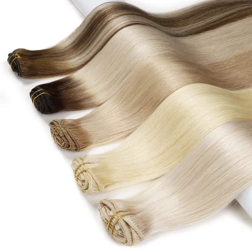 Seamless Clip In Hair Extension Double Weft 100% Human Hair Remy 22 24 30 8 Inch Indian Straight Blonde Clip In Hair Extensions