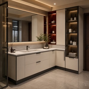 <span class=keywords><strong>Mobile</strong></span> Bagno Angolare a L Moderno e Personalizzabile <span class=keywords><strong>con</strong></span> Specchio, Ampio Spazio di Archiviazione e Armadietto Alto Integrato - Product Image 1