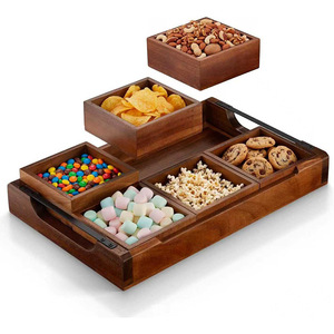 Wooden Divided <b>Snack</b> <b>Tray</b> Set Solid Wood With Handle For Serving Food Storage Brown Color - Product Image 1