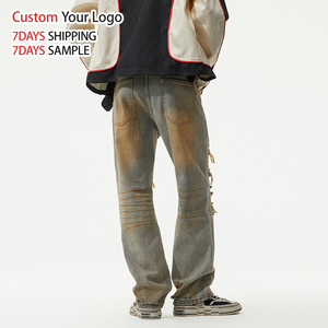 Vaqueros de mezclilla personalizados de estilo urbano vintage, ligeros, casuales, de pierna ancha, de alta calidad, de corte recto, de diseñador, desgastados, holgados y rasgados para hombre. - Product Image 3