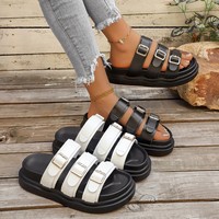 Sandales plates minimalistes pour femmes, dessus en PU respirant, confort estival, mode, noir et blanc, semelle en caoutchouc, boucle