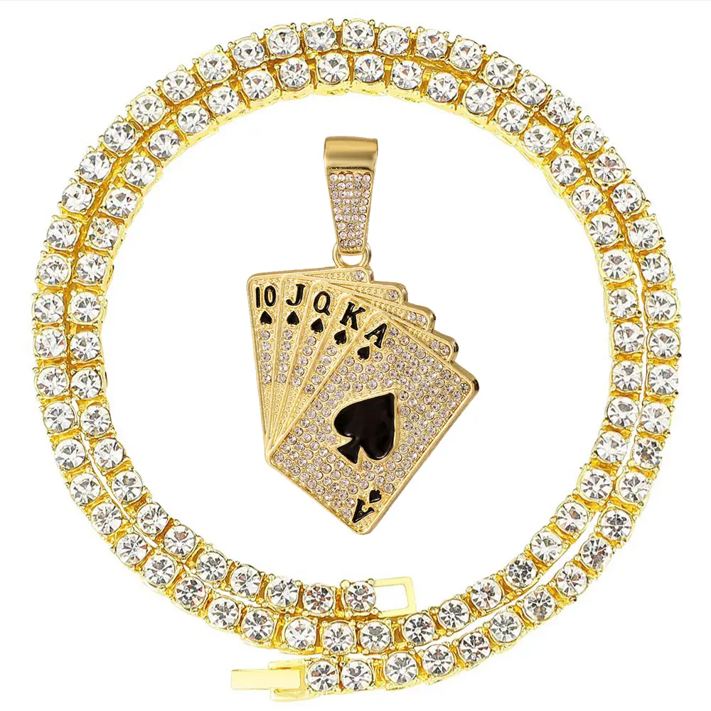 Großhandel Schmuck Männer HipHop Iced Out Poker Karte Anhänger Golden/Silvery Good Luck Anhänger mit kubanischen/Seil/Tennis Kette Halskette