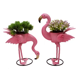 Groothandel Roze Flamingo Vormige Set Van 2 Metalen Bloempot Tuin Bloempotten Ijzerdraad Aangepaste Succulente Planter Met Stand