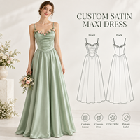Robe longue personnalisée pour femme en satin, avec corsage froncé, appliques florales, bretelles spaghetti, taille ajustée, coupe trapèze, robe de soirée formelle