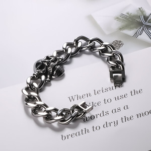 Skull Bracelet Cuban <b>Chain</b> Silver <b>Titanium</b> Steel Men Punk Retro Style CE629 - Product Image 3