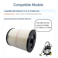 Filtre à cartouche 17816 9-17816 compatible avec les aspirateurs Craftsmans Shop Vac Wet Dry Vac 5-16 gallons, accessoires pour aspirateurs à bande rouge