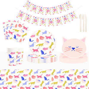 Ensemble de vaisselle pour fête d'anniversaire sur le thème du chat rose mignon DAMAI, comprenant des assiettes et des gobelets en papier avec modèle de chat pour la décoration de table de fête pour chats - Product Image 1