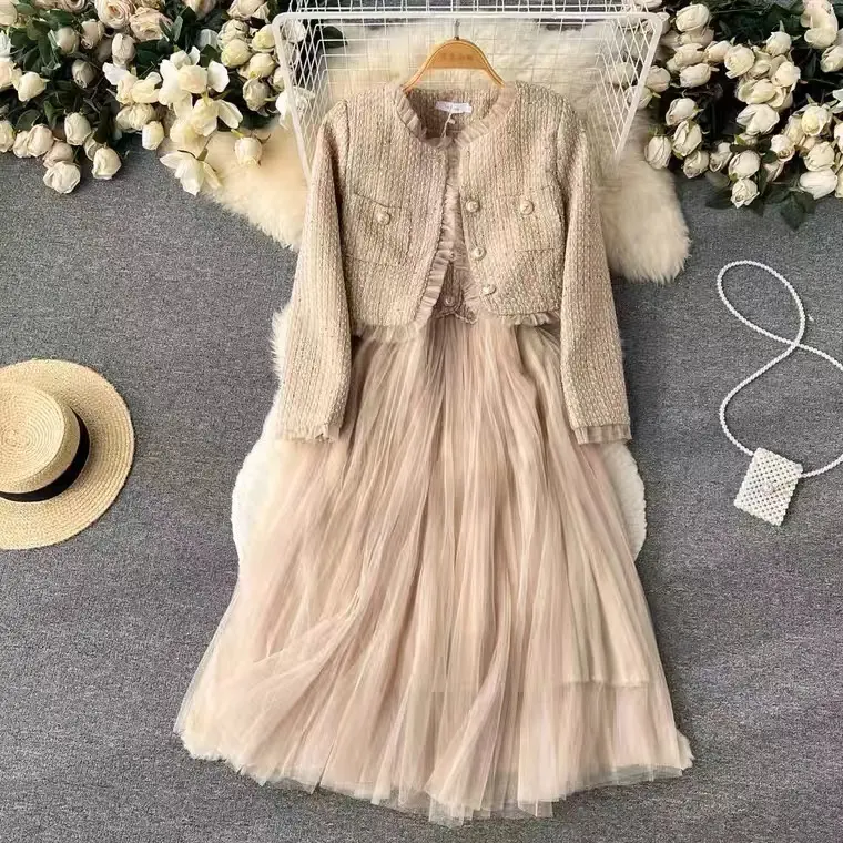 Celebrity Small Fragrance Set Western-style Raw-edged Panel Shawl Cardigan Short Top Sling Dress Two Piece Set in Stock