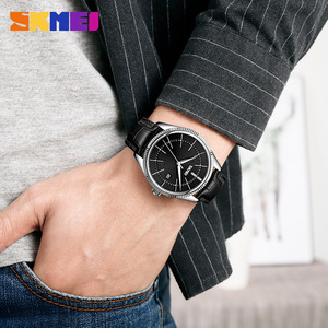 Skmei Men's Quartz Watch Black Leather Strap Analog Date Display Business Casual Watch 11mm Thickness 30M Waterproof - Product Image 4