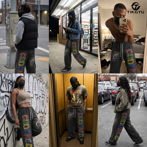 Pantalon de survêtement droit noir pour homme, taille élastique avec cordon de serrage, streetwear, logo imprimé, délavé, 100% coton épais, décontracté - Product Image 5