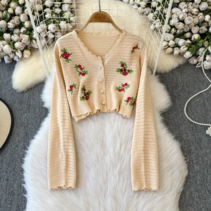 <span class=keywords><strong>Pull</strong></span> court en tricot pour <span class=keywords><strong>femme</strong></span> brodé de fleurs, tendance automne/hiver - Product Image 3