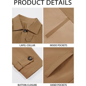 2025 Trench en laine mi-long pour hommes simple boutonnage coupe ajustée coupe-vent fermeture à double boutonnage décontracté automne pardessus - Product Image 3