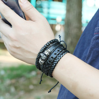 Ensemble Bracelet Tissé Crâne Gothique Tressé en Cuir Noir pour Homme Bijoux de Charme de Mode
