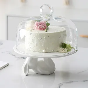 Lovely rabbit transparent dust cake glass cover food cover high foot cake plate dessert table glass cover