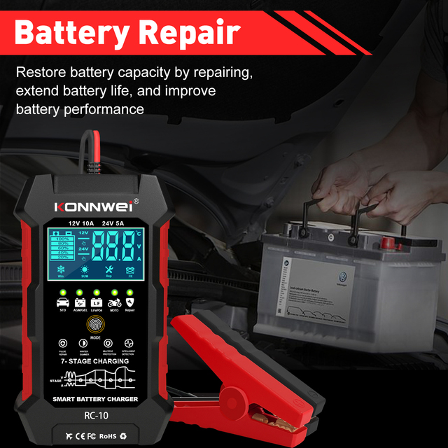 12v Battery Charger KONNWEI Rc10 RC-10 124V 10A 5A Car Battery Charger for Lifepo4, Lithium, Lead Acid Batteries