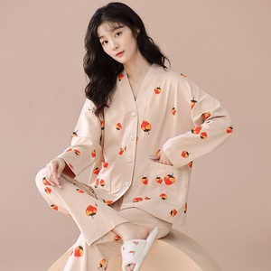 Pigiama 100% <span class=keywords><strong>cotone</strong></span>, vestaglia aperta sul davanti con colletto kimono, maniche lunghe, abbigliamento <span class=keywords><strong>da</strong></span> <span class=keywords><strong>casa</strong></span> dolce e casual, set due pezzi. - Product Image 4