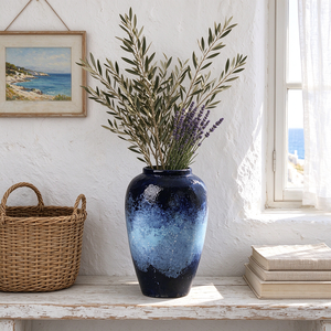 Vaso Ovale in Ceramica Maculata Blu <span class=keywords><strong>Indaco</strong></span> Stile Mediterraneo per Erba della Pampa e Fiori Secchi, Decorazione per la Casa - Product Image 1