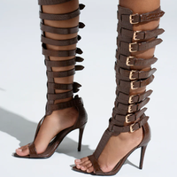Sandales à talons aiguilles personnalisées pour femmes, sandales gladiateur à hauteur du genou avec lanières à boucle, sandales à talons tendance pour femmes