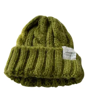 verstelbare hoeden voor grote hoofden Suppliers-Lady Grof Gebreide Wol Hoed Herfst Winter Grote Hoofdomtrek Groene Losse Hoed