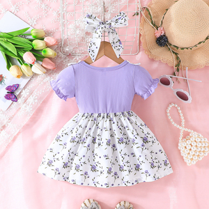 Robe à manches volantées avec nœud pour petites filles, ensemble deux pièces à motif floral mignon et patchwork, avec foulard, vêtements décontractés pour bébé fille - Product Image 2