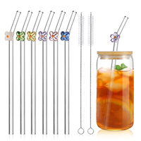 Vente en gros de paille en verre écologique et réutilisable de 8*200mm paille en verre design fleur colorée papillon paille transparente pliée pour jus