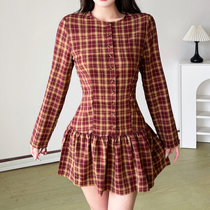 Robe imprimée à carreaux pour femme, style preppy, douce, naturelle, tissée, respirante, antistatique, couleur bonbon, jupe droite - Product Image 2