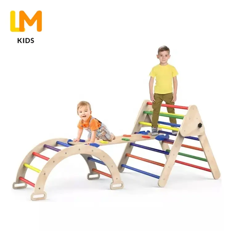 LM KIDS amazon hot sale Baby Indoor Wooden foldable climbing frames 3 in 1 Montessori Climbing Gym Toys Piklers Triangle