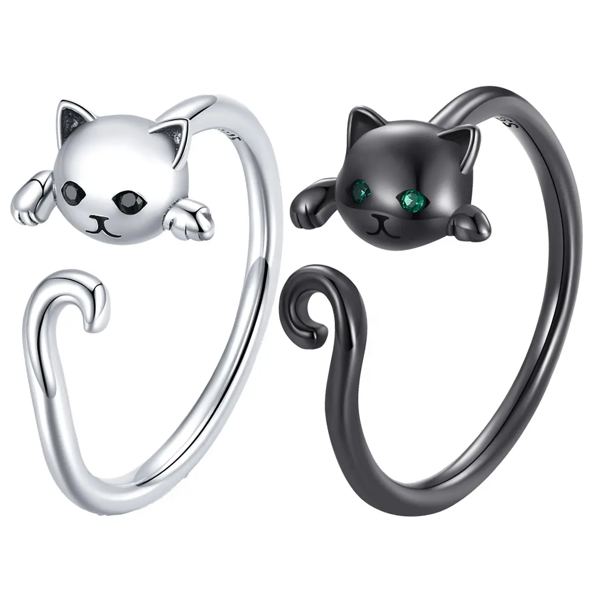wholesale 925 Sterling Silver Black Cat With Green Eye Cute Pet Open Ring For Women Young Girl Gift Adjustable Ring SCR707