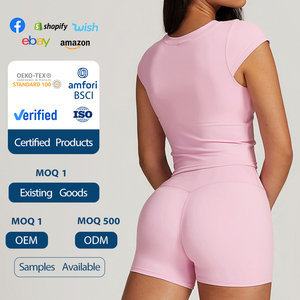 Nuova tuta <span class=keywords><strong>da</strong></span> Yoga aderente aderente <span class=keywords><strong>da</strong></span> <span class=keywords><strong>donna</strong></span> a maniche corte Set di pantaloncini a vita alta ad asciugatura rapida - Product Image 4