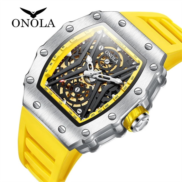 ONOLA 3828 Men's Luxury Fashion Automatic Quartz Movement Square Hollow Watch Stainless Steel Case Silicone Band Waterproof
