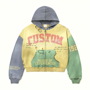 Huili axit cổ điển rửa diatressed khối màu dày bông Hoodies người đàn ông tùy chỉnh logo in quá khổ phù hợp với Rhinestone Hoodie - Product Image 1