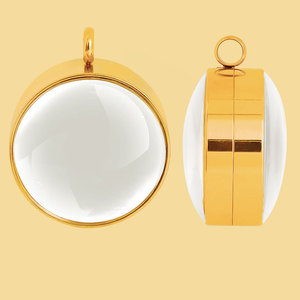 Gold Plated Stainless Steel Round Locket Pendant 10mm Thick Convex <b>Glass</b> Photo <b>Charm</b> - Product Image 1