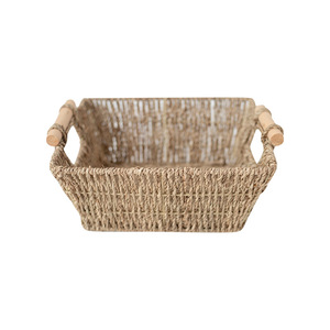 Seagrass Woven <b>Storage</b> <b>Basket</b> <b>Square</b> With Wooden Handles For Living Room Organization - Product Image 5