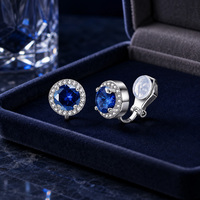 Anting-anting jepit berlian imitasi kristal biru bulat warna perak perhiasan pernikahan pengantin tanpa tindik untuk hadiah wanita anak perempuan