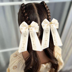Pince à <span class=keywords><strong>cheveux</strong></span> en tissu estampé à chaud, faite à la main, avec nœud équestre et ruban, pour enfants et filles équitation - Product Image 2