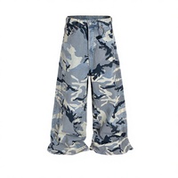 Pantalon long en jean personnalisé en coton épais style hip-hop, coupe large, motif camouflage marine, avec braguette à boutons métalliques et taille ajustable