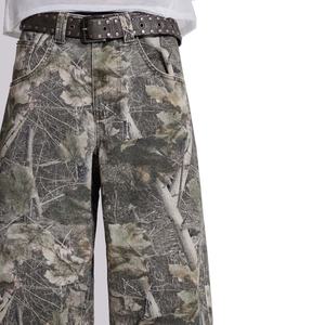 กางเกงขายาวทรงหลวมสำหรับผู้ชาย ผ้าหนาพิเศษ พิมพ์ลายต้นไม้สไตล์วินเทจ ลายพรางป่าไม้ กางเกงคาร์โก้ผ้าเดนิม - Product Image 5