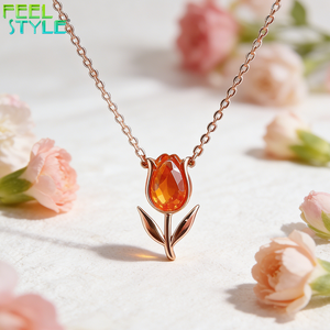 <span class=keywords><strong>Collana</strong></span> con Pendente a <span class=keywords><strong>Tulipano</strong></span> in Zircone Arancione Rosato 5A, Catena a O in Acciaio Inossidabile 316L Placcato Oro PVD Personalizzato, Ciondolo a Fiore - Product Image 2