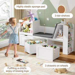 <span class=keywords><strong>Meuble</strong></span> de lecture pour enfants grande capacité avec bibliothèque et <span class=keywords><strong>rangement</strong></span> intégré, coussins inclus, unité de mobilier autoportante pour salle de <span class=keywords><strong>jeux</strong></span> - Product Image 2